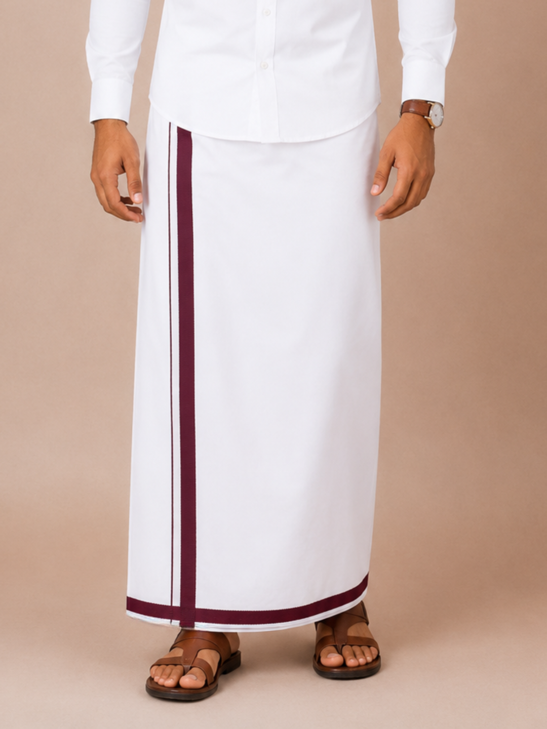 Men 100% Cotton Double Layer White Dhoti with Big Border Wisdom WB01