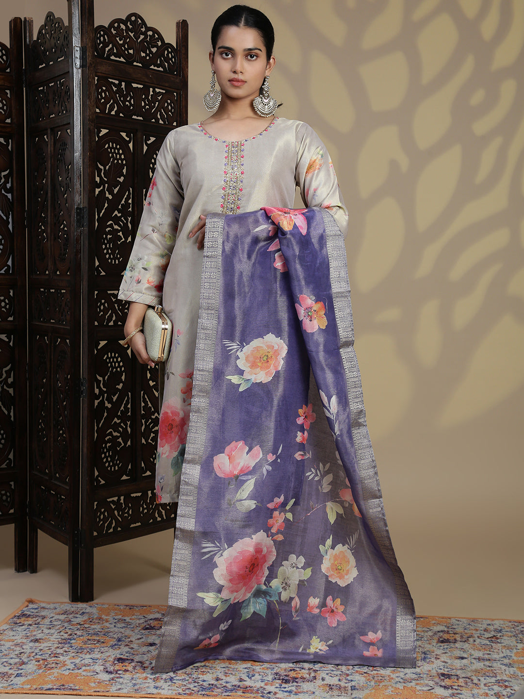 Women Beige Grey MM Silk Printed Kurti Set EKS100