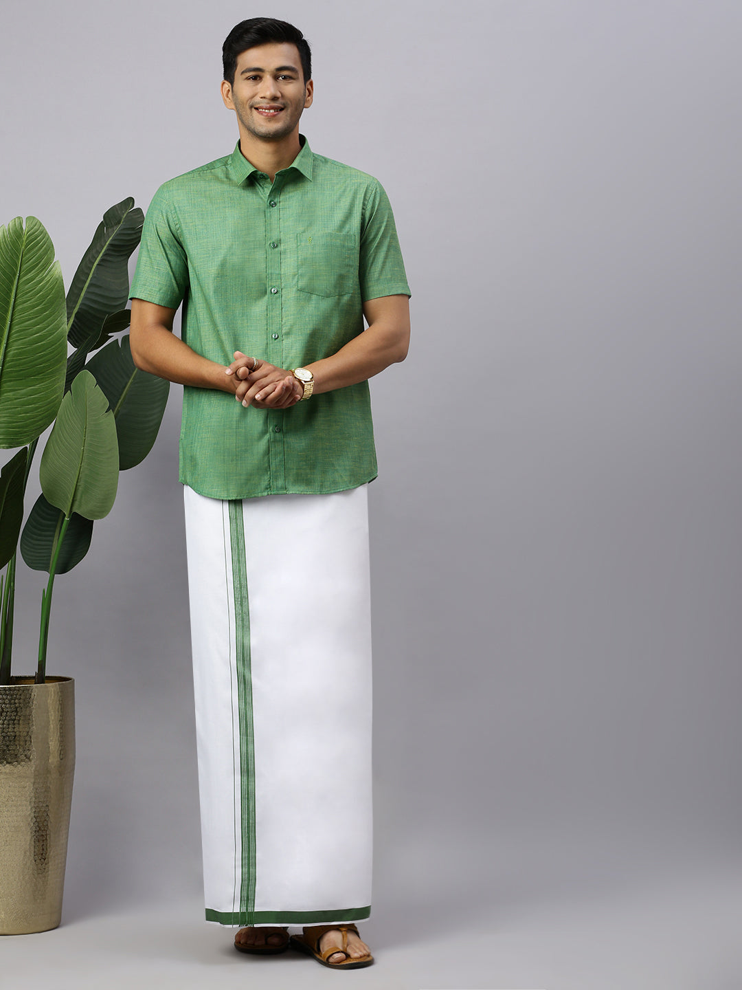 Mens Evolution Green Matching Border Dhoti & Half Sleeves Shirt Set