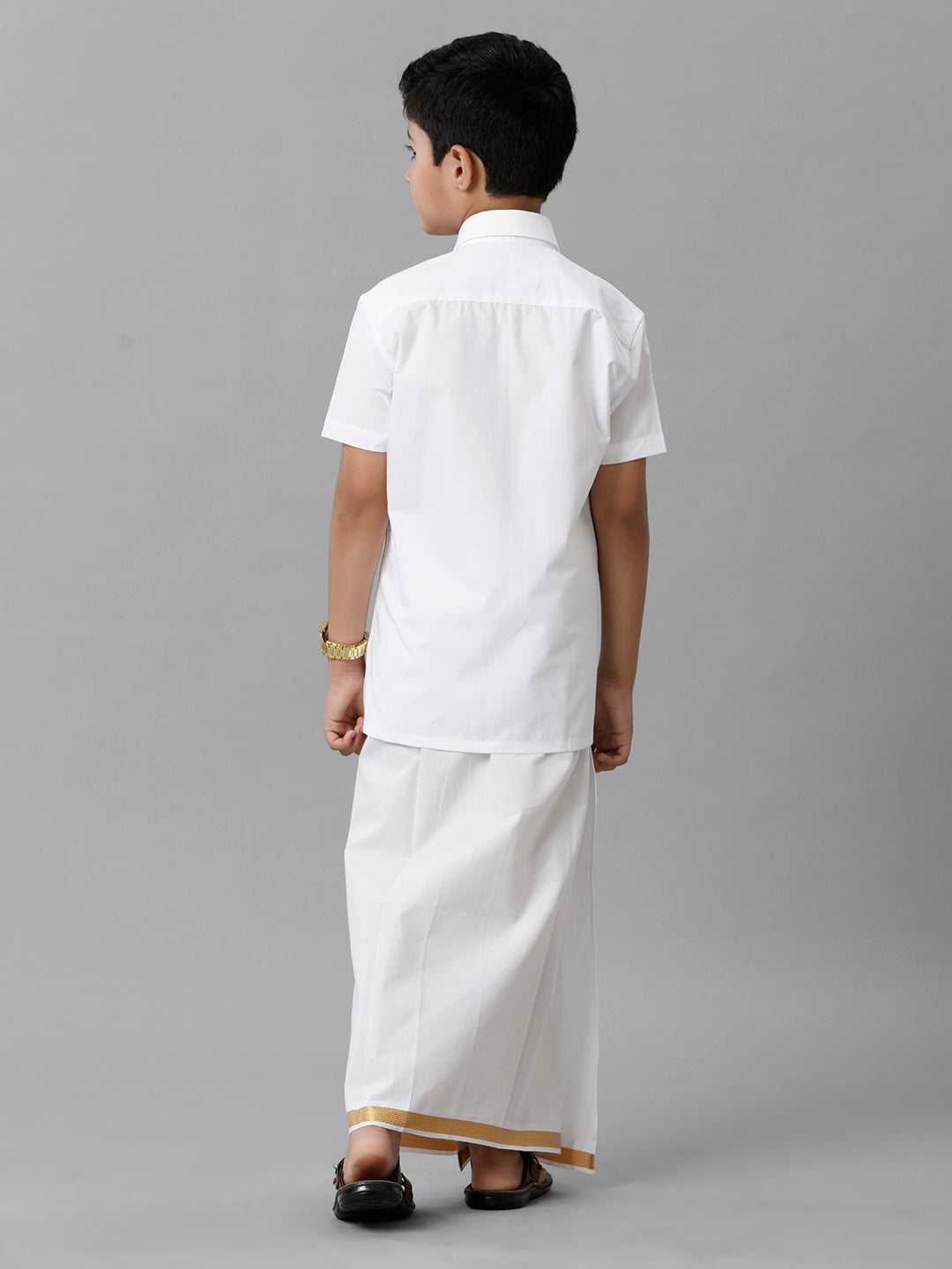 Boys Cotton Shirt with Dhoti Set White Half-Back view