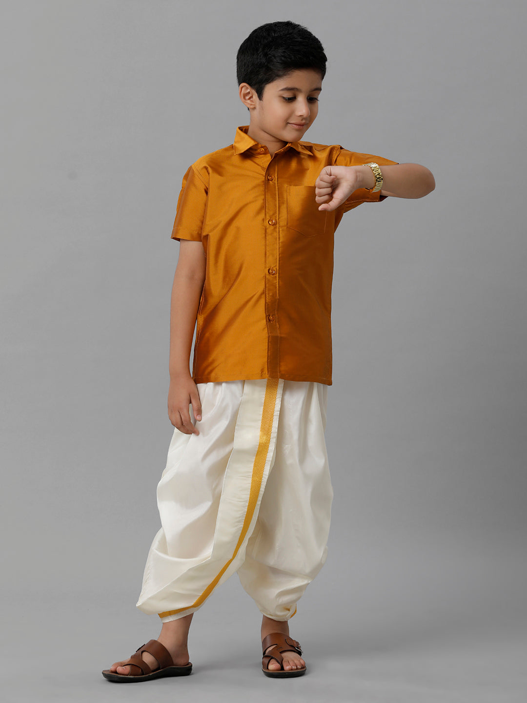 Boys Silk Cotton Mustard Half Sleeves Shirt with Soft Silk Panchakacham Combo K37-Front view