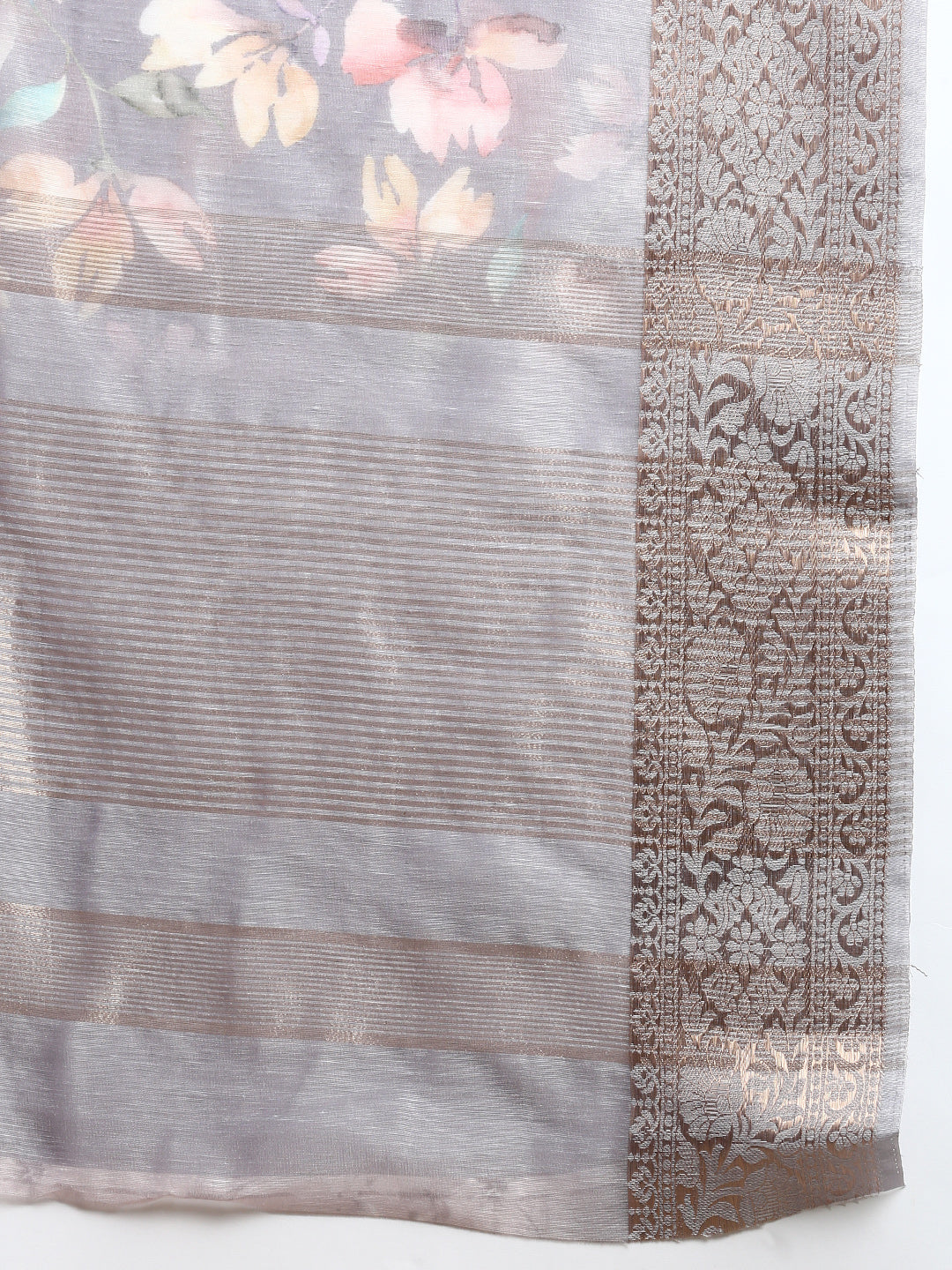 Semi Linen Flower Print Light Grey Colour Semi Linen Saree SL79-Zari view