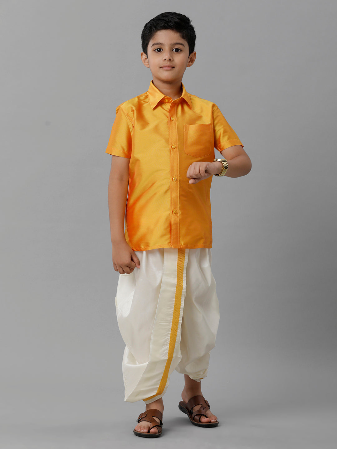 Boys Silk Cotton Yellow Half Sleeves Yellow Shirt with Soft Silk Panchakacham Combo K6