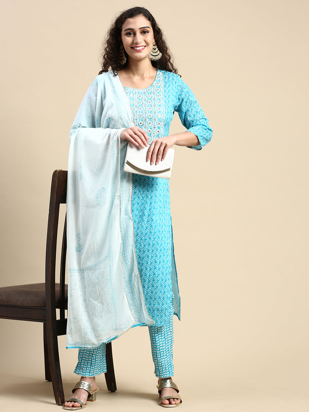 Firozi Blue Short Sleeve Hand-Work Cotton Kurti Summer Wear For Women