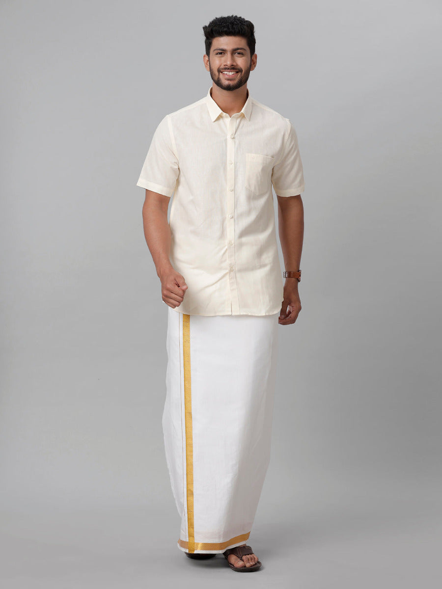 Mens Linen Cotton Formal Cream Half Sleeves Shirt LF12-Full view
