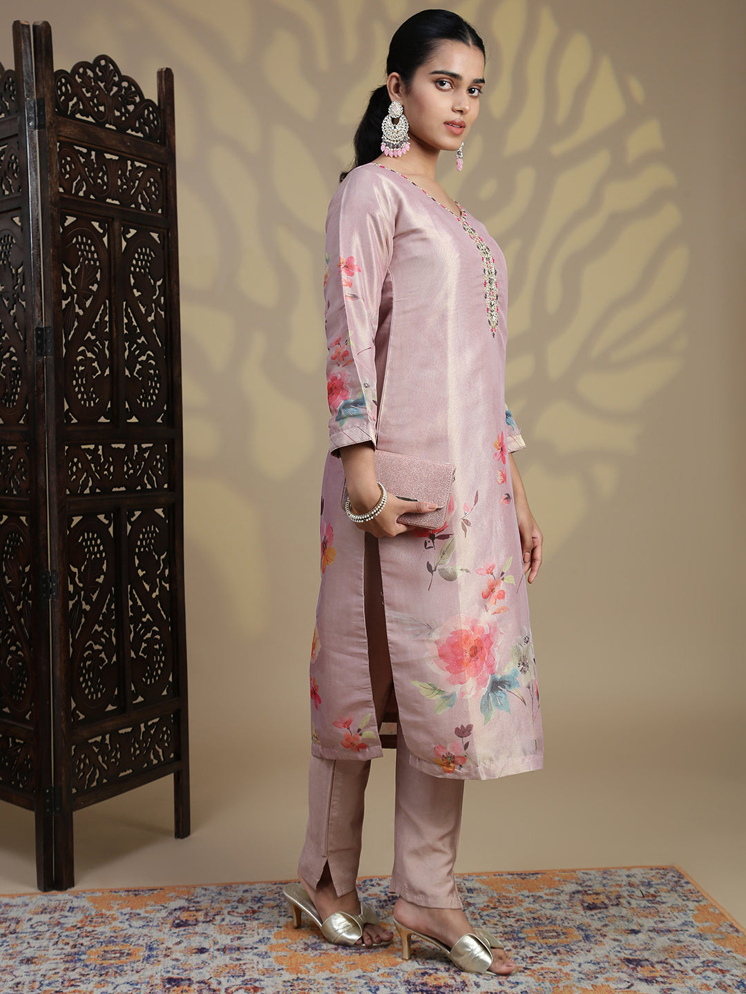 Women Grayish Purple MM Silk Printed Kurti Set EKS102