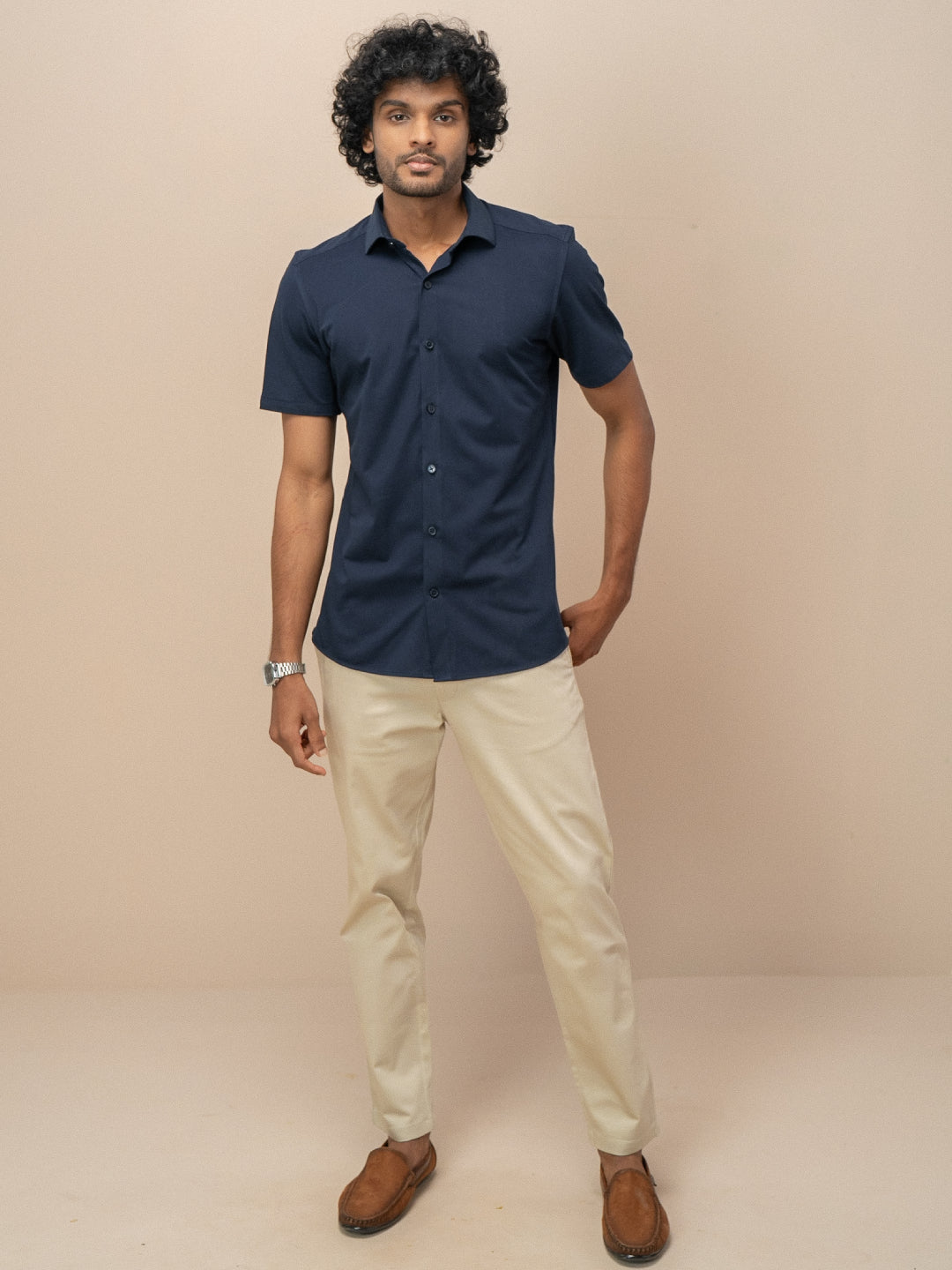Men Poly Cotton Stretchable Navy Half Sleeves Shirt ER5