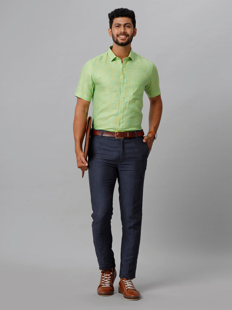 Mens Pure Linen Striped Half Sleeves Green & Yellow Shirt LS6