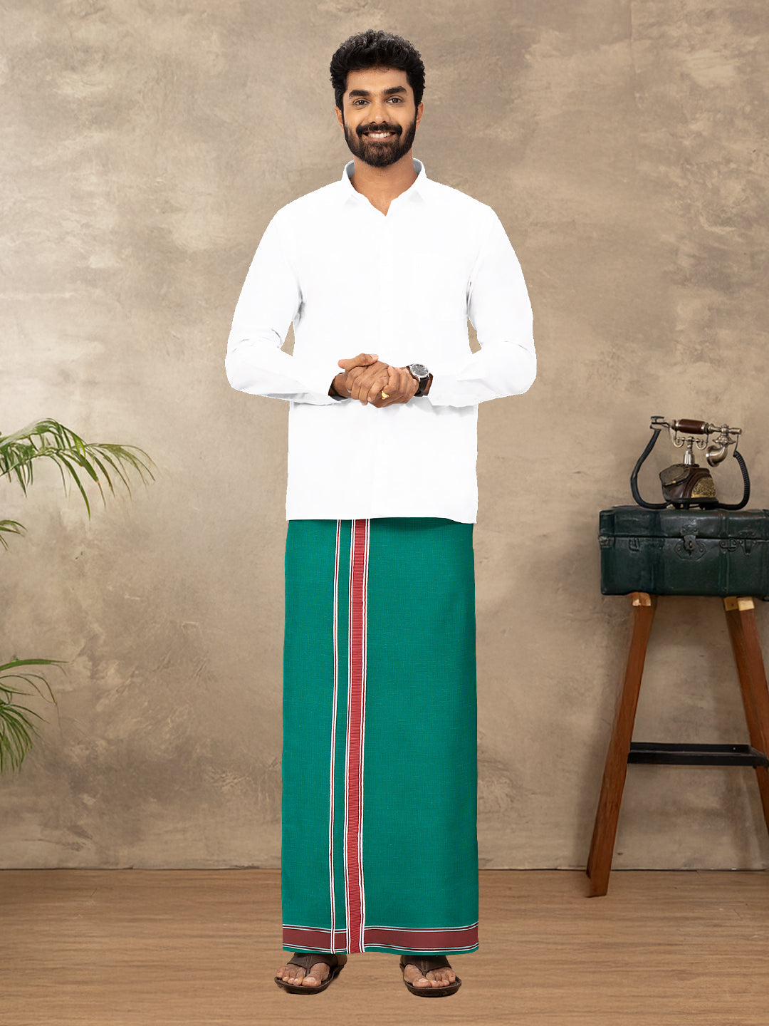 Men Cotton Blend Single Layer Green Dhoti with Fancy Border Enchant 2 EC04