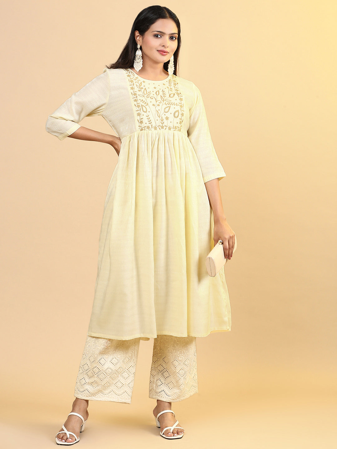 Women Cotton Embroidered Round Neck Kurti Cream EKS11