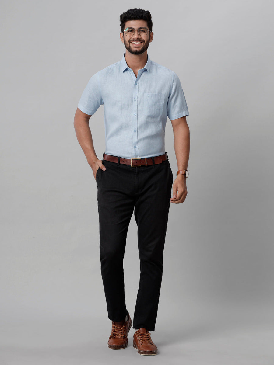 Mens Pure Linen Blue Smart Fit Half Sleeves Shirt-Full view