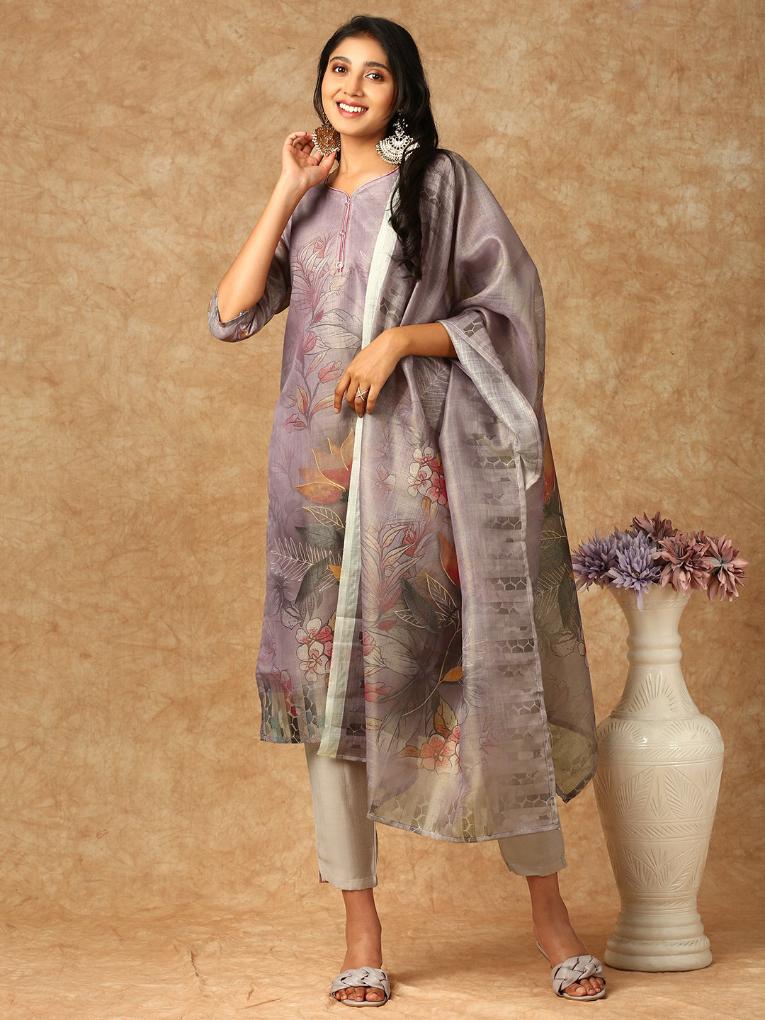 Women Tissue Printed Kurti Set Purple EKS35