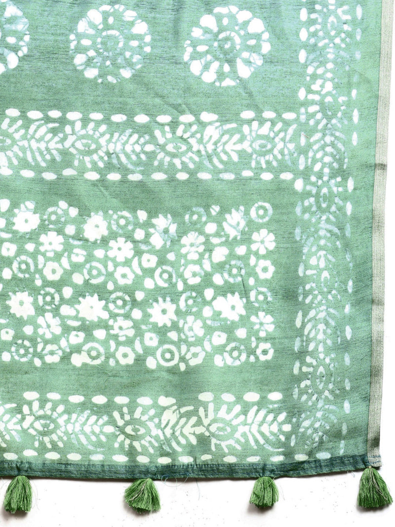 Womens Semi Linen Green Flower Design Digital Printed Saree SL67