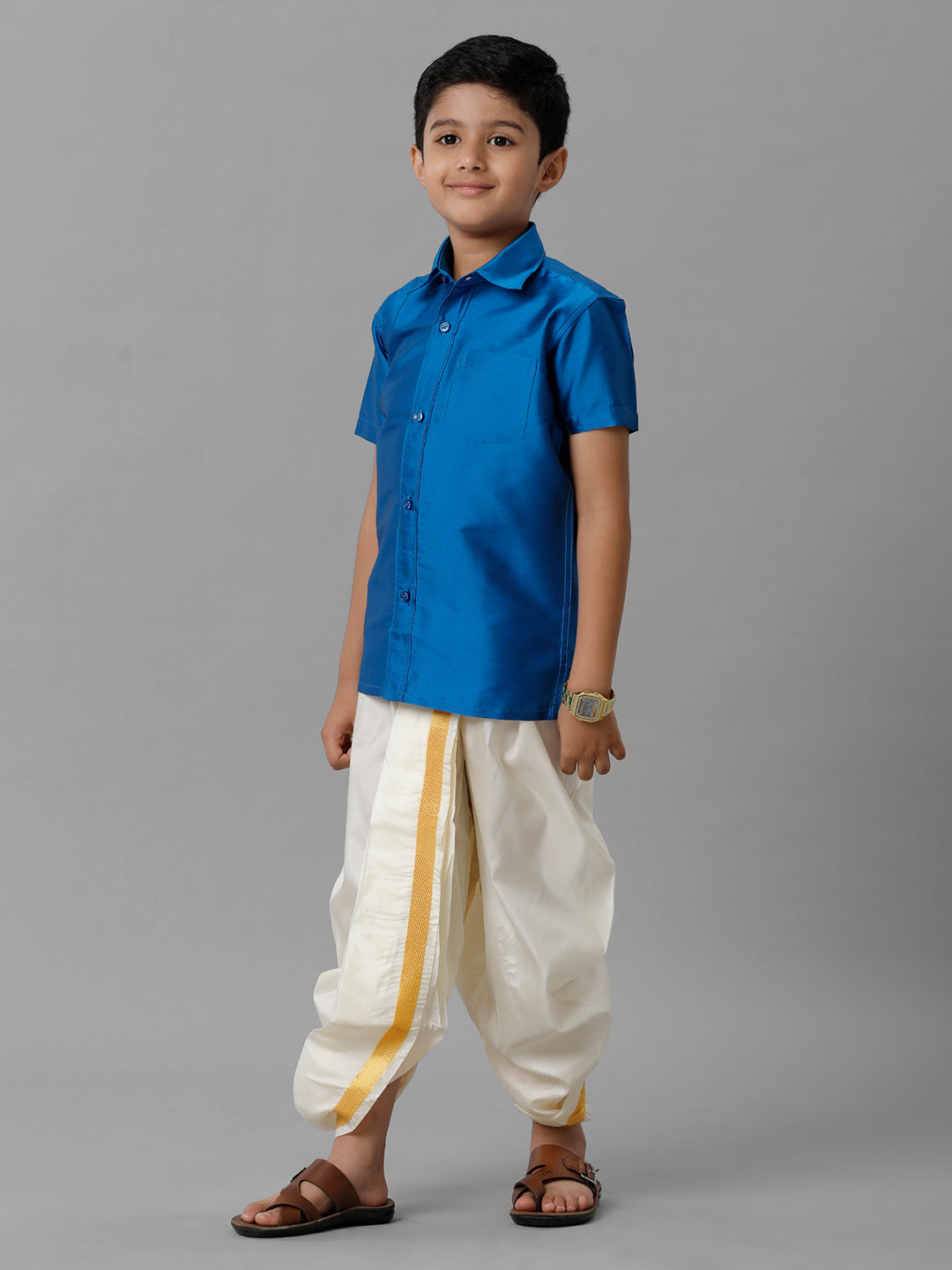 Boys Silk Cotton Royal Blue Half Sleeves Shirt with Soft Silk Panchakacham Combo K10-Side view