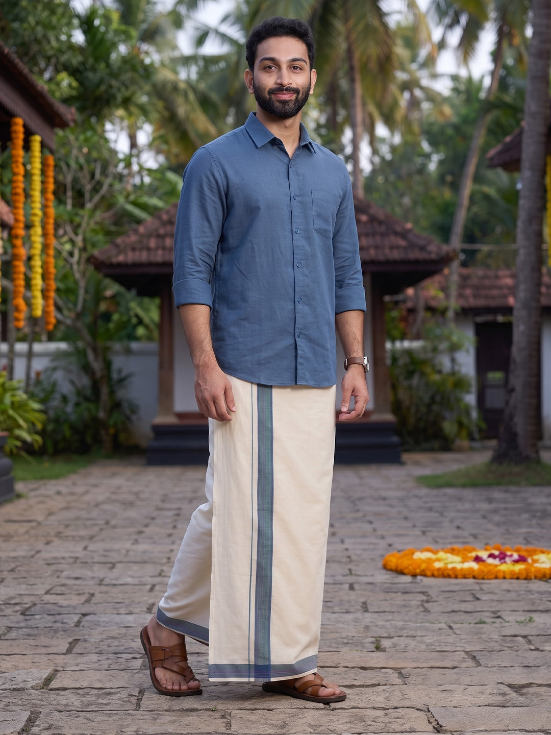 Double Layer Premium Handloom Cream Dhoti with Colour Border - HLM120