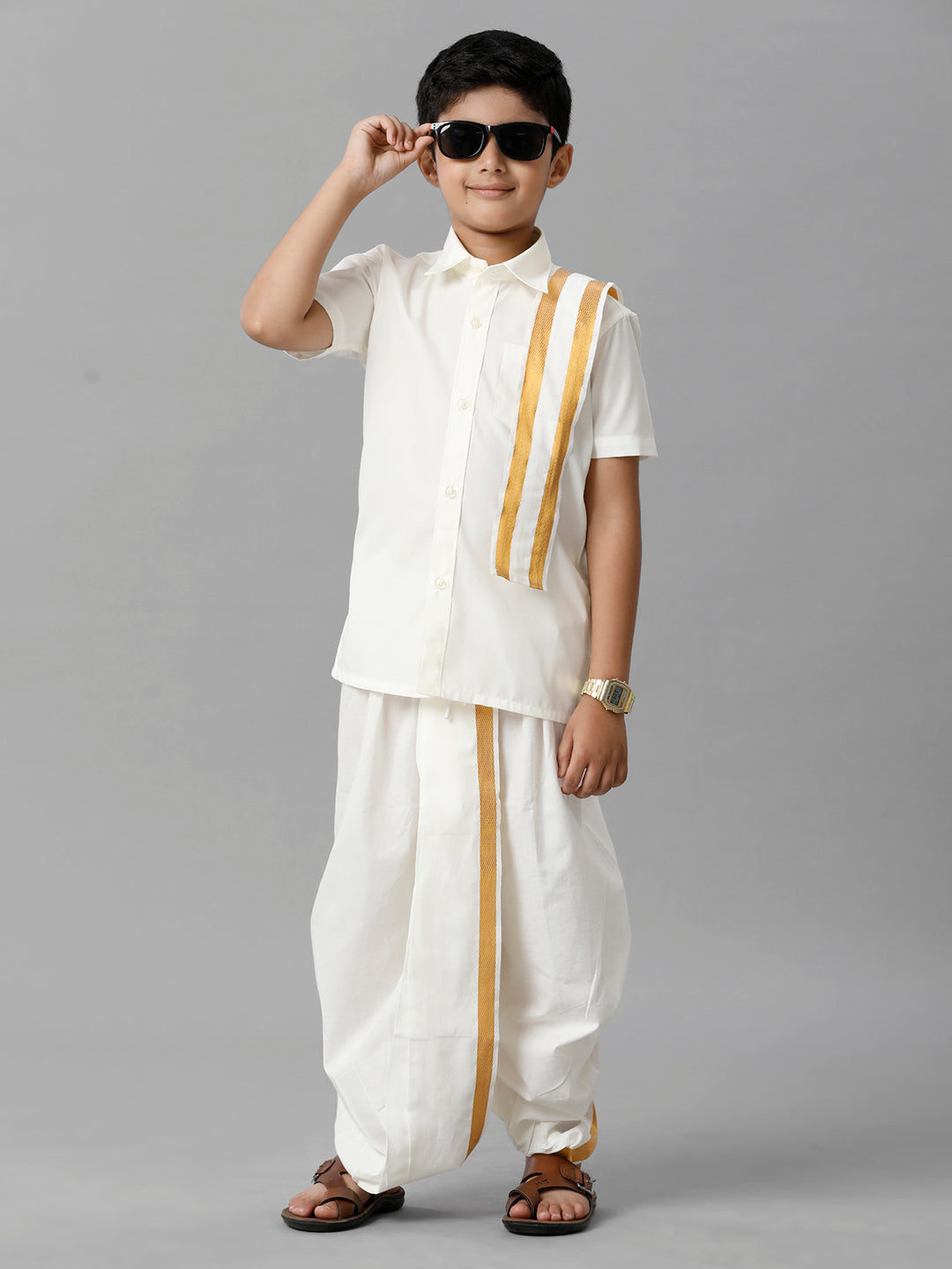 Boys Cotton Cream Half Sleeves Shirt Panchakacham Towel Combo