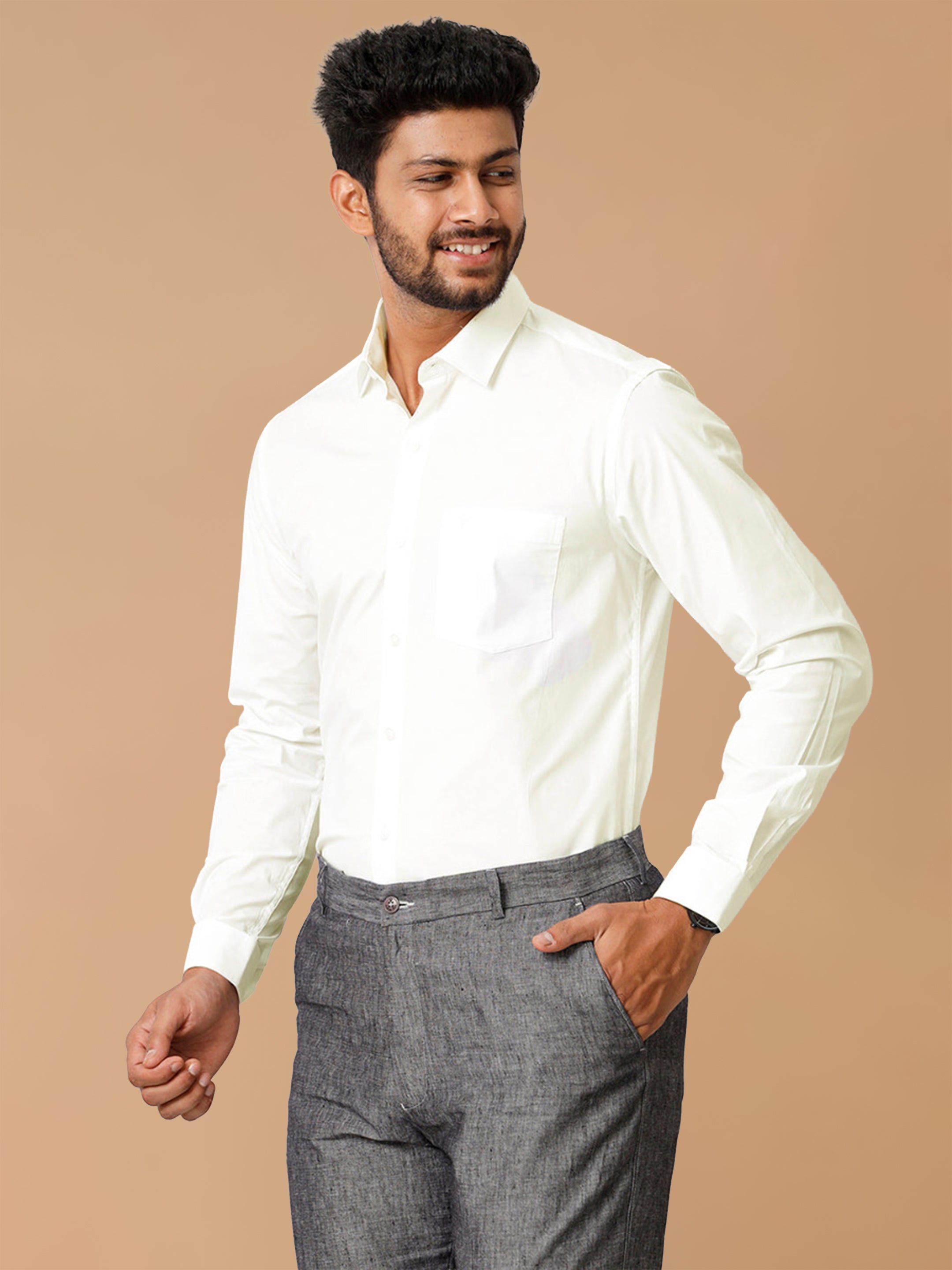 Cotton Spandex Cream 2 Way Stretch Smart Fit Shirt