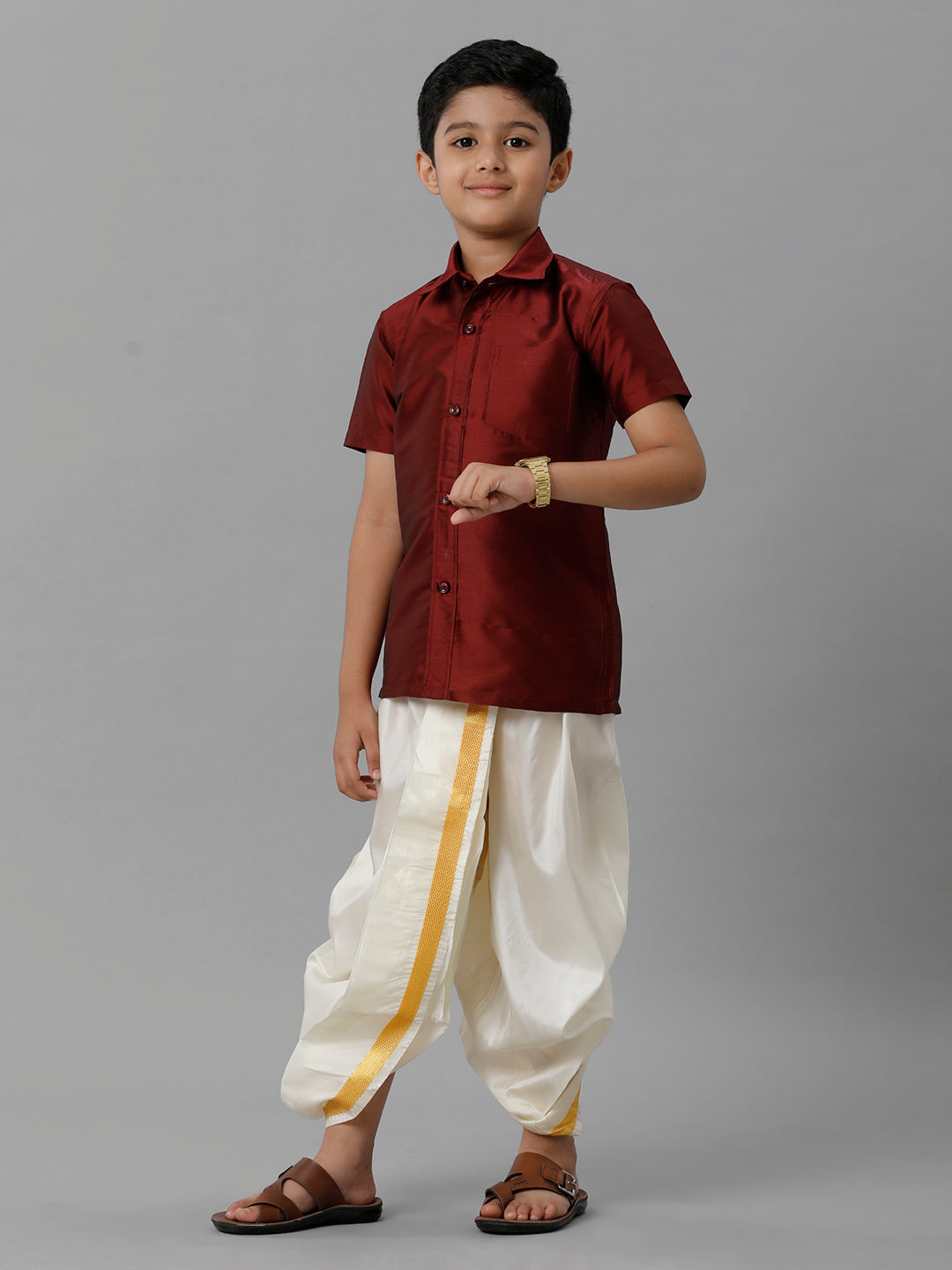 Boys Silk Cotton Maroon Half Sleeves Shirt with Soft Silk Panchakacham Combo K7-Full view