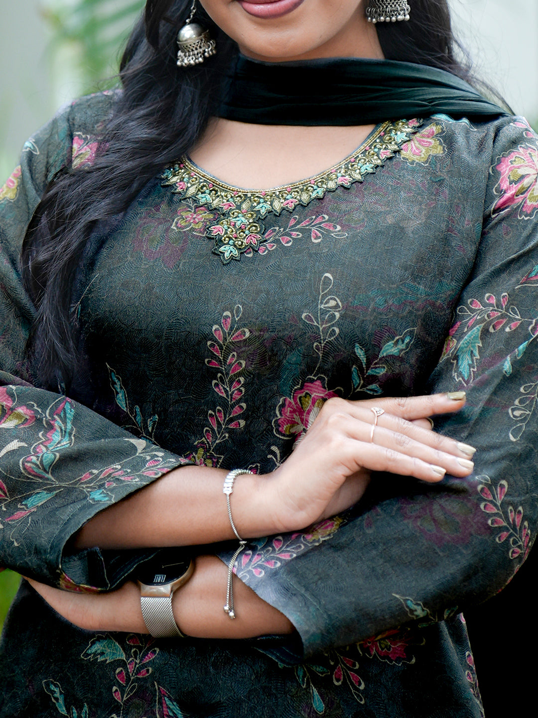 Women Greyish Green MM Silk Printed Kurti Set EKS129