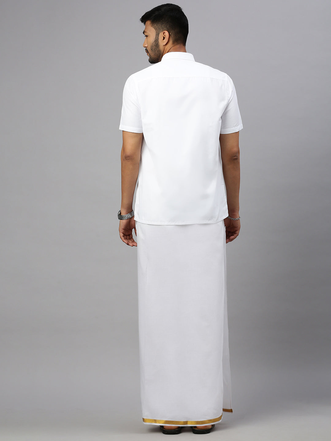 Men White Half Sleeves Shirt with Readymade Single Layer Dhoti Combo