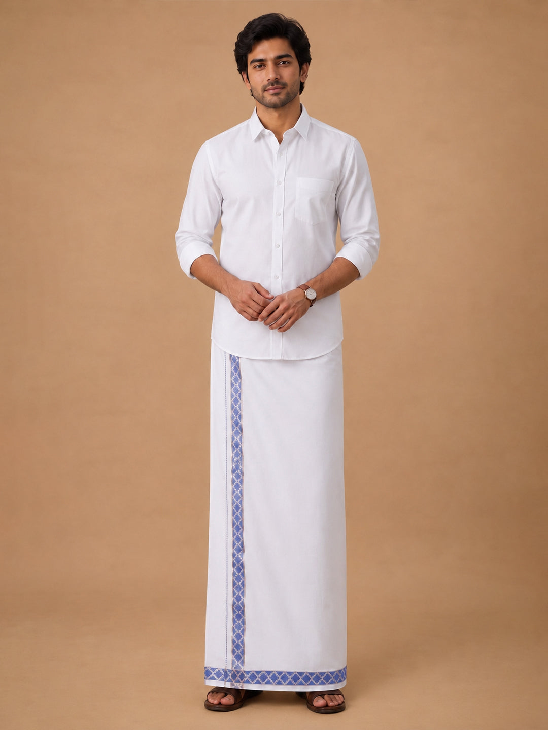 Men Premium Cotton Double Layer White Dhoti with Fancy Jari Border LC28
