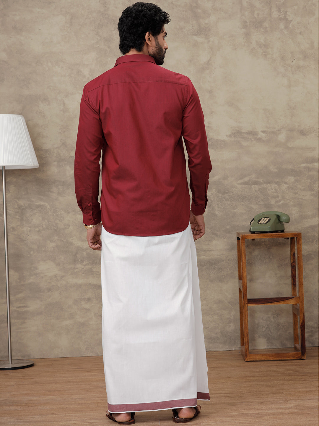 Men Dark Red Colour Shirt With Matching Border Dhoti Set Evolution