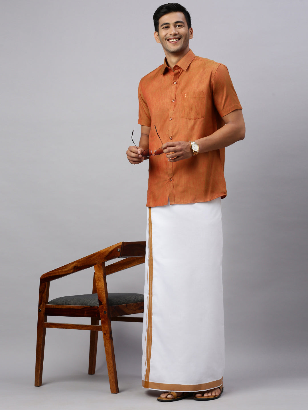 Mens Brown Matching Border Dhoti & Half Sleeves Shirt Set CV3