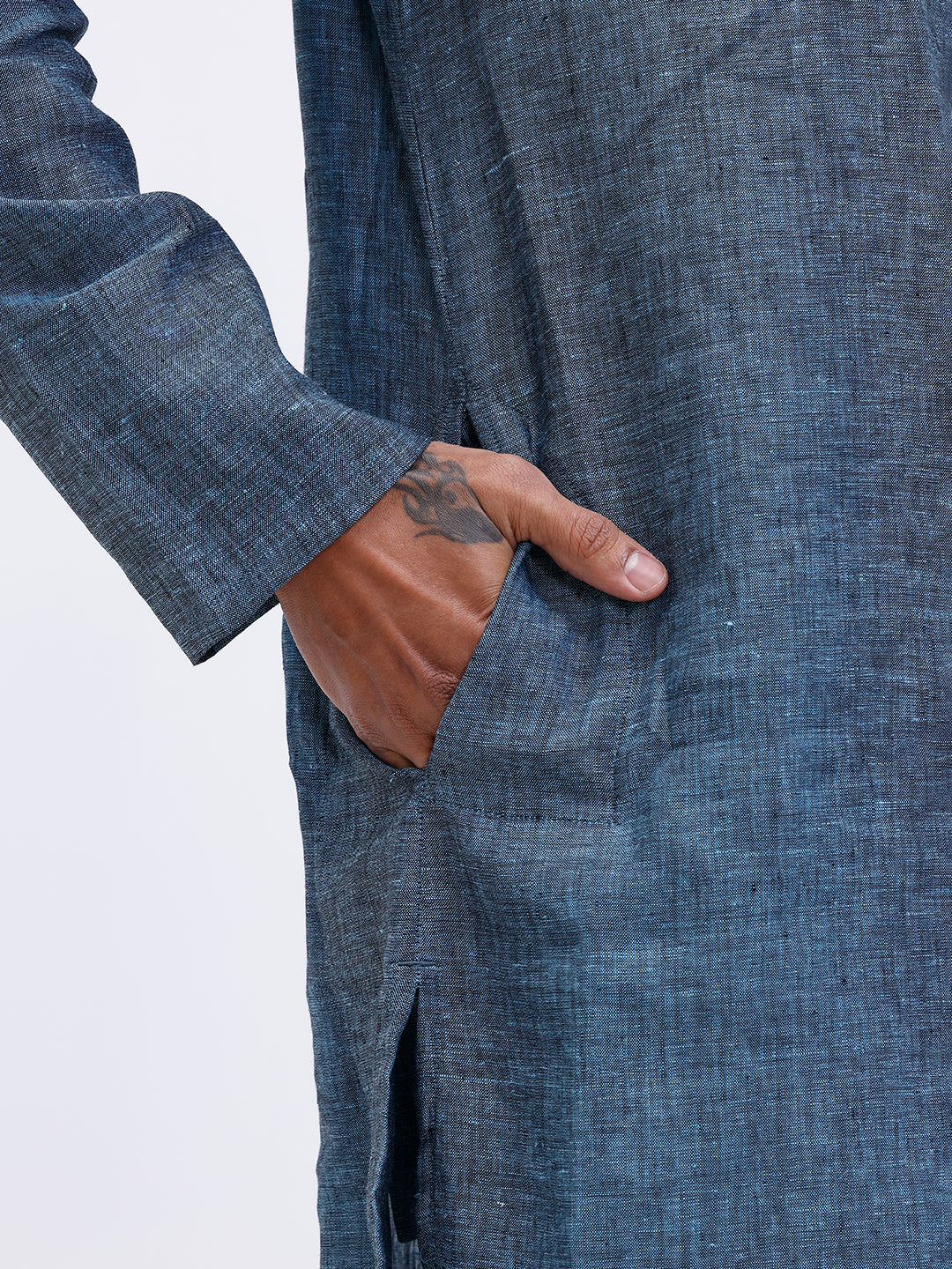 Men Pure Linen Medium Length Plain Pocket Kurta Greenish Blue KAL2