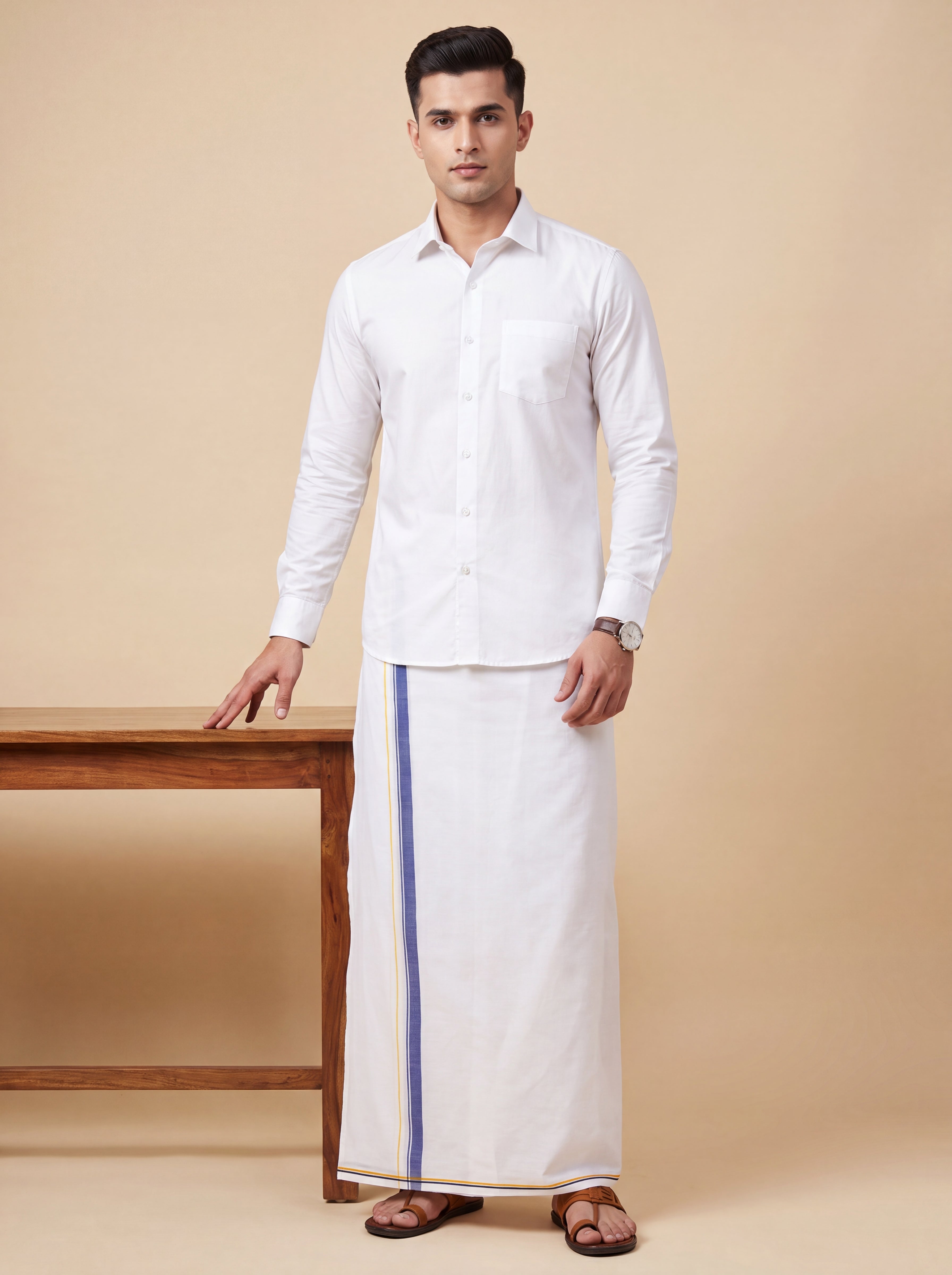 Men 100% Cotton Double Layer White Dhoti with Big Border Property PT02
