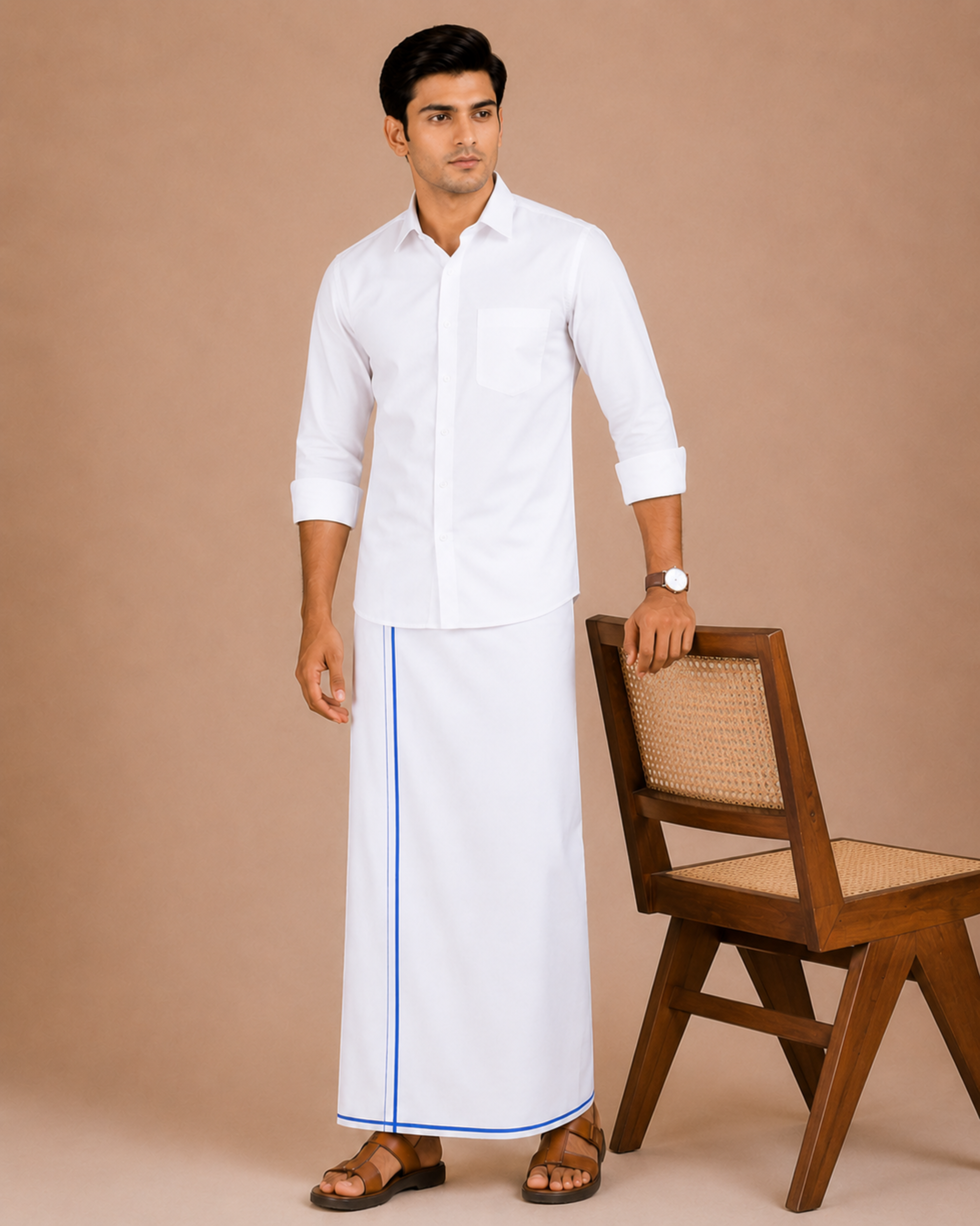 Men 100% Cotton Single Layer White Dhoti with Small Border Smart Nice SN02