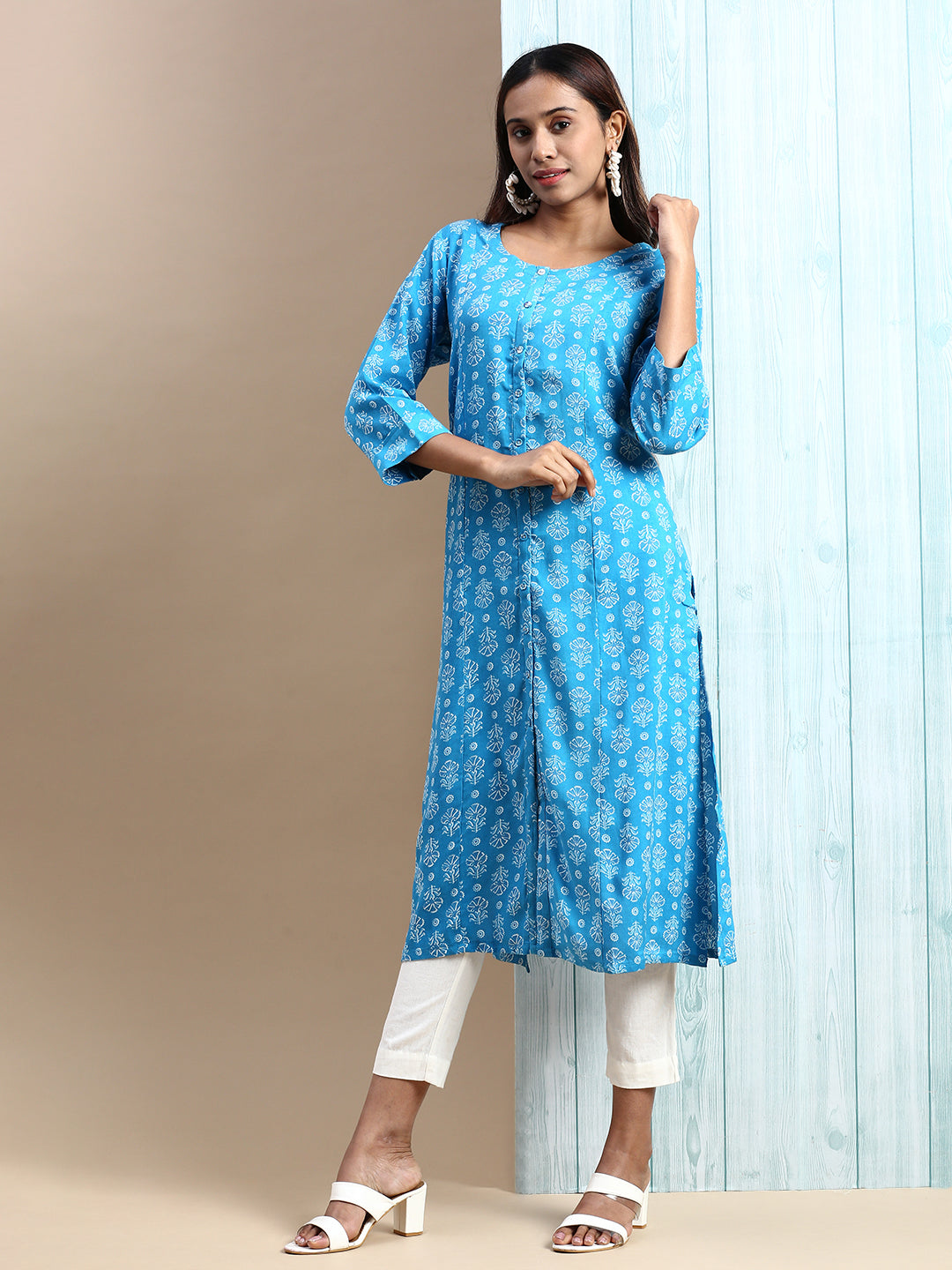 Leaf Printed Maternity Kurti – Blue