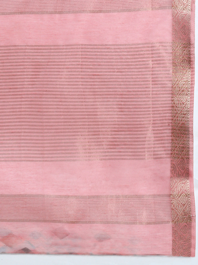 Womens Semi Organza Sandal and Pink Flower Printed with Jari Border Saree SOS03