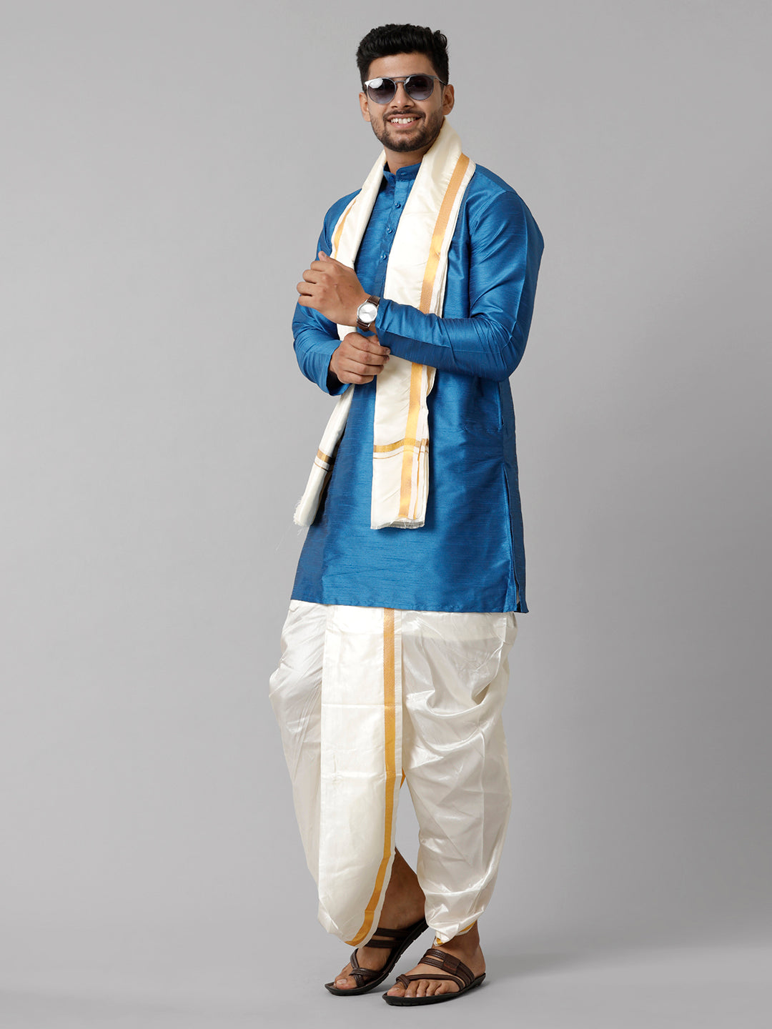 Mens Polyster Blue Medium Length Kurta with Art Silk Panchakacham Towel Combo SL01-Front view