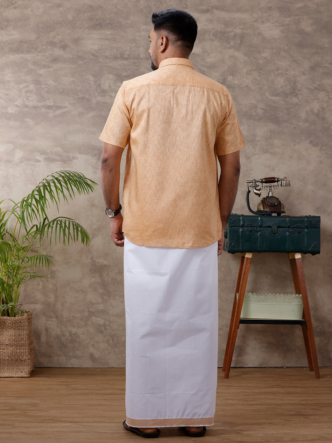 Men Readymade Adjustable Dhoti with Matching Shirt Half Mustard C1