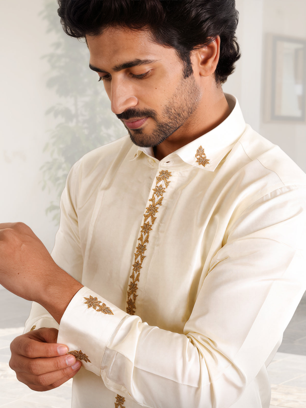 LAGNAA Premium Pure Tussar Silk Butterfly Hand Embroidered Designer Shirt & Dhoti Set with Jari Dozi Work on Collar & Cuffs | Vyoma Vaibhavam