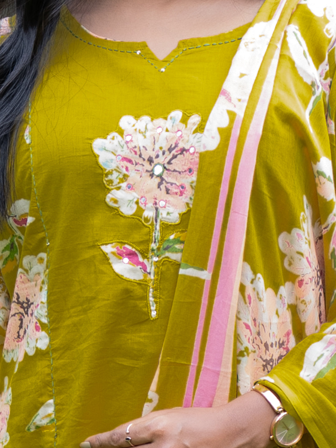 Women Pure Cotton Embroidered Mustard Kurti with Pant & Dupatta Set EKS111