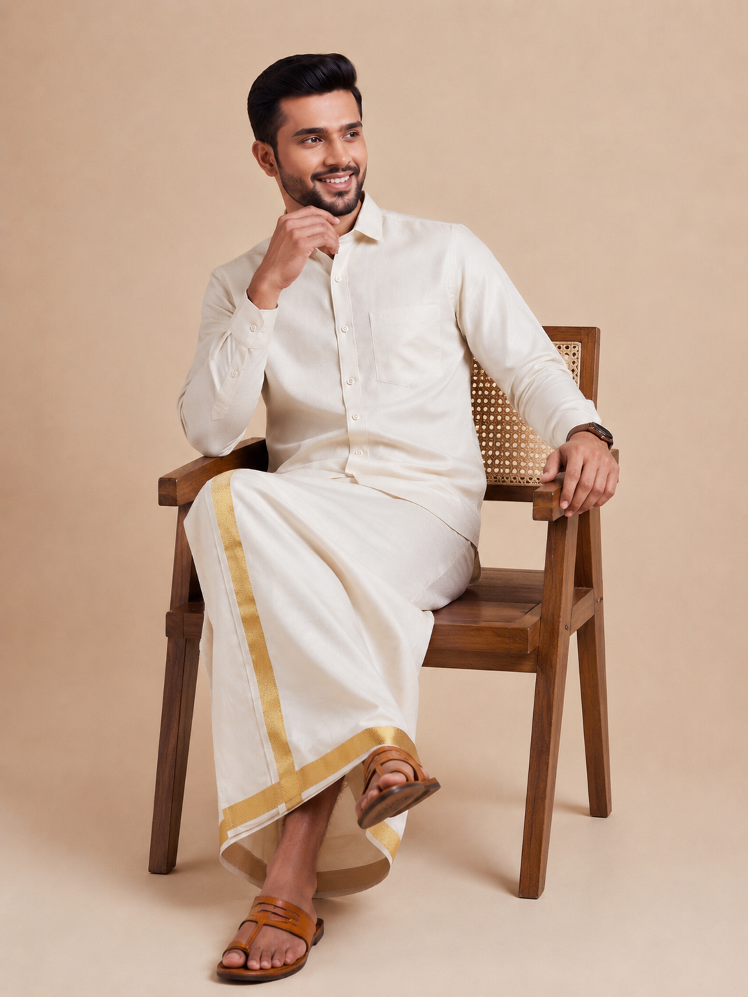 Men Tissue Antique Gold Dhoti & Shirt Set