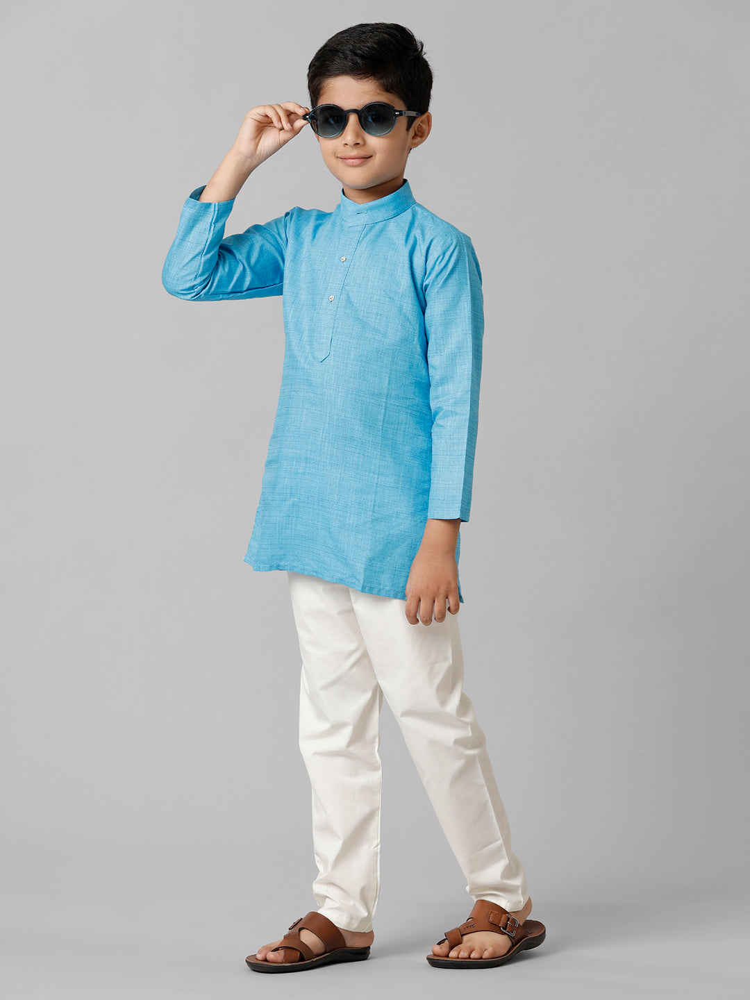 Boys Cotton Full Sleeves Sky Blue Kurta with Cream Pyjama Pant Combo FS4-Front view