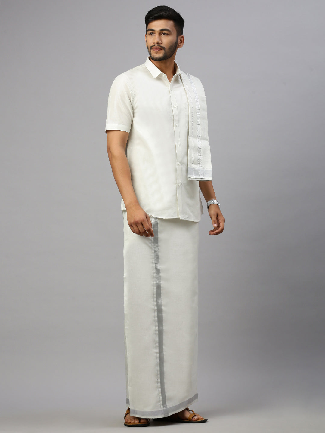 Men Tissue Silver Half Sleeve Shirt Jari Dhoti & Towel Set
