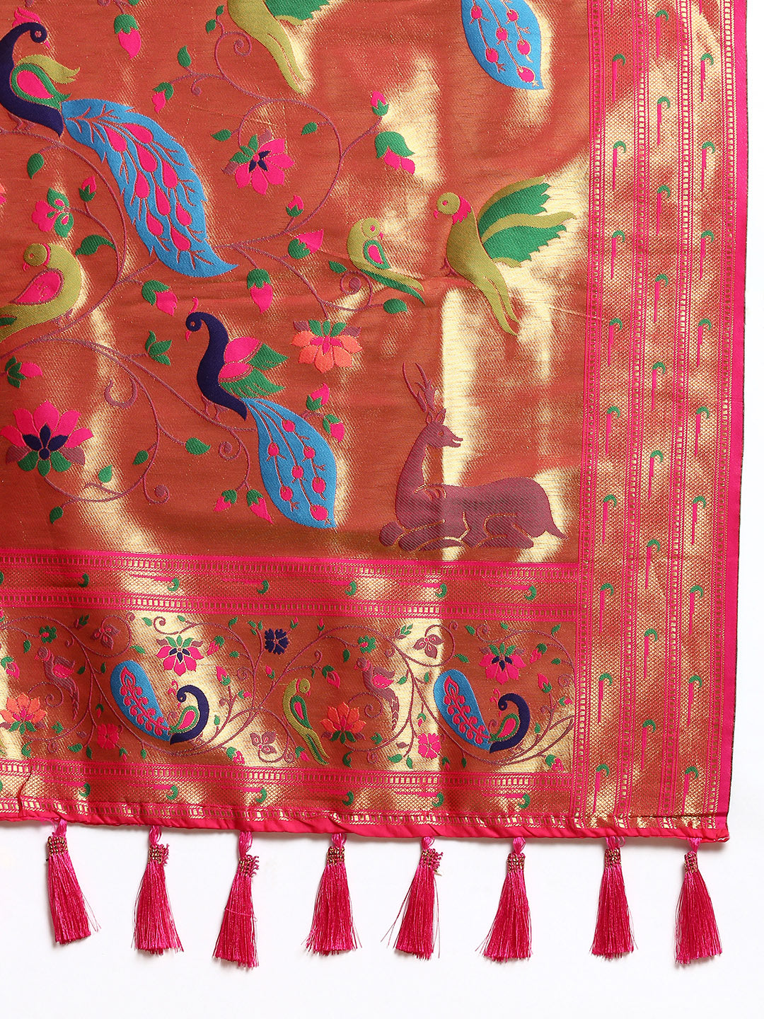 Womens Semi Silk Peacock Design Orange & Pink Saree ASP06