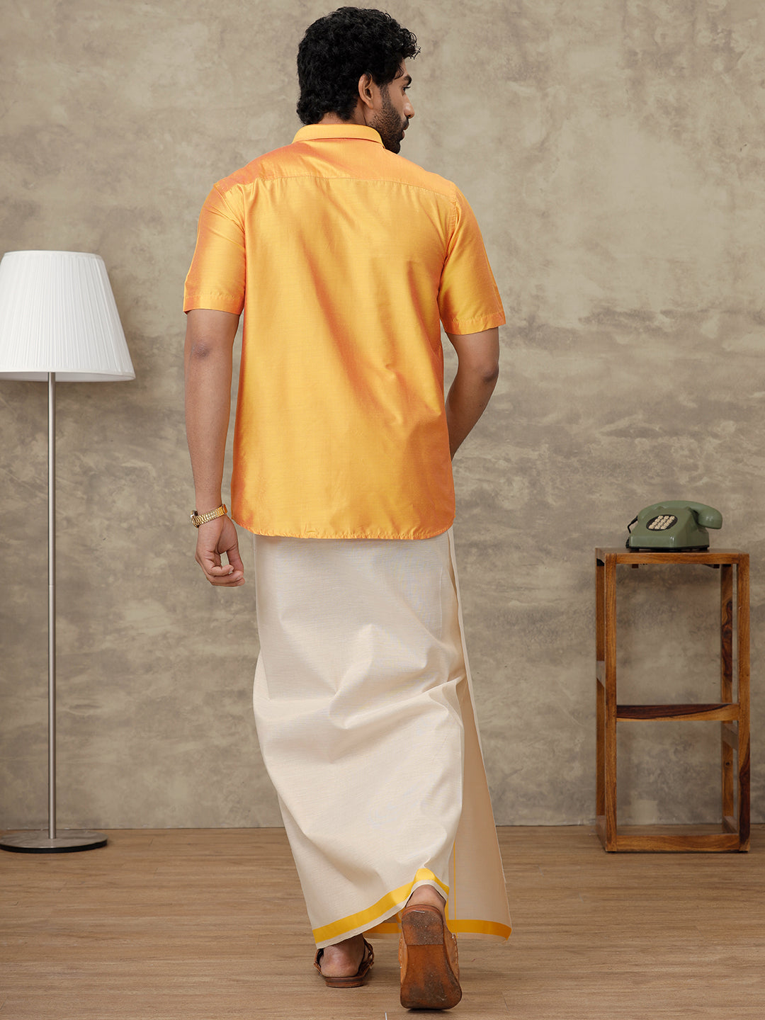 Men Luxor Gold Silk Cotton Shirt With Matching Border Tissue Dhoti Set CCB Fortune