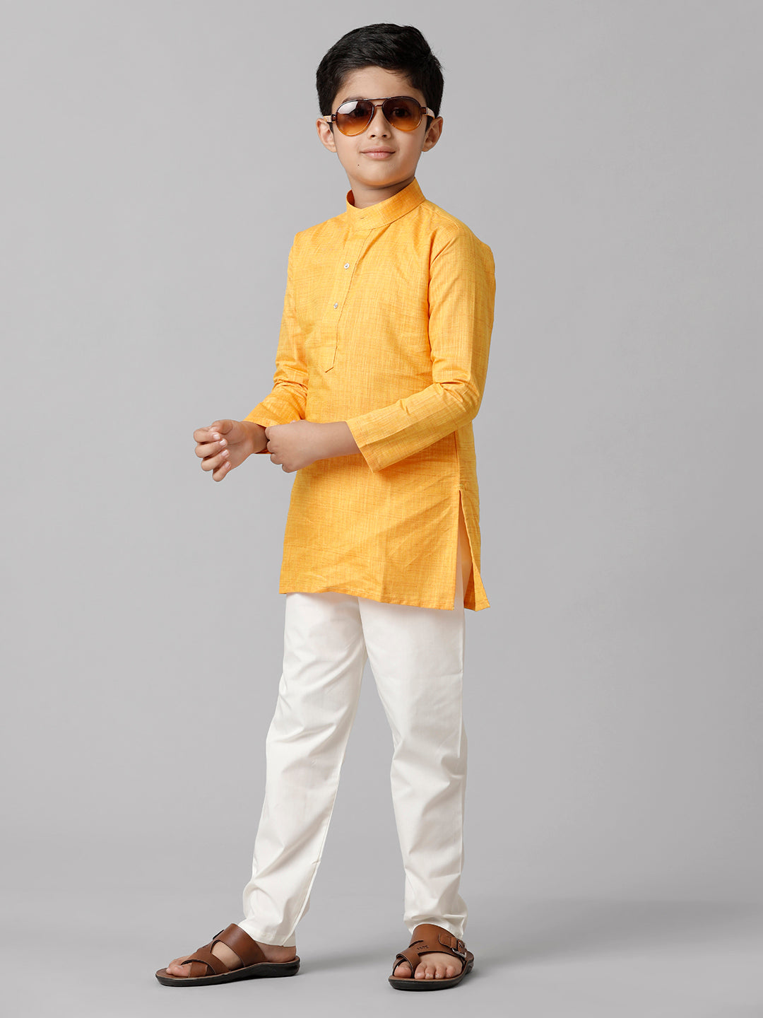 Boys Cotton Full Sleeves Yellow Kurta with Cream Pyjama Pant Combo FS1-Side view