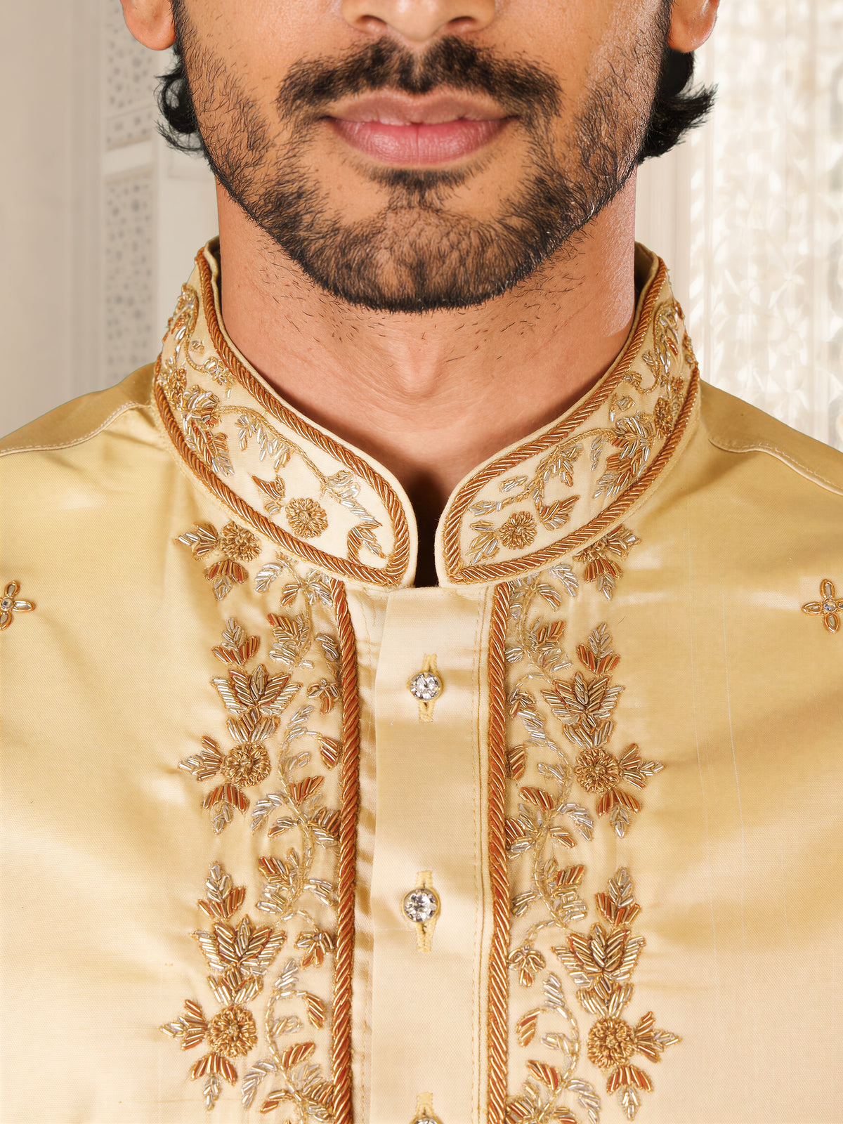 LAGNAA Premium Pure Tussar Silk Hand Embroidered Lotus Motifs Kurta, Panchakacham & Angavastram with Banaras Border| Mangala Varnam