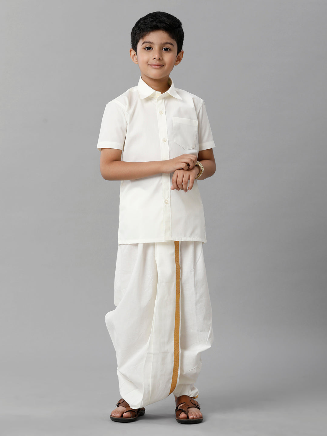 Boys Cotton Cream Half Sleeves Shirt Panchakacham Combo-Front view