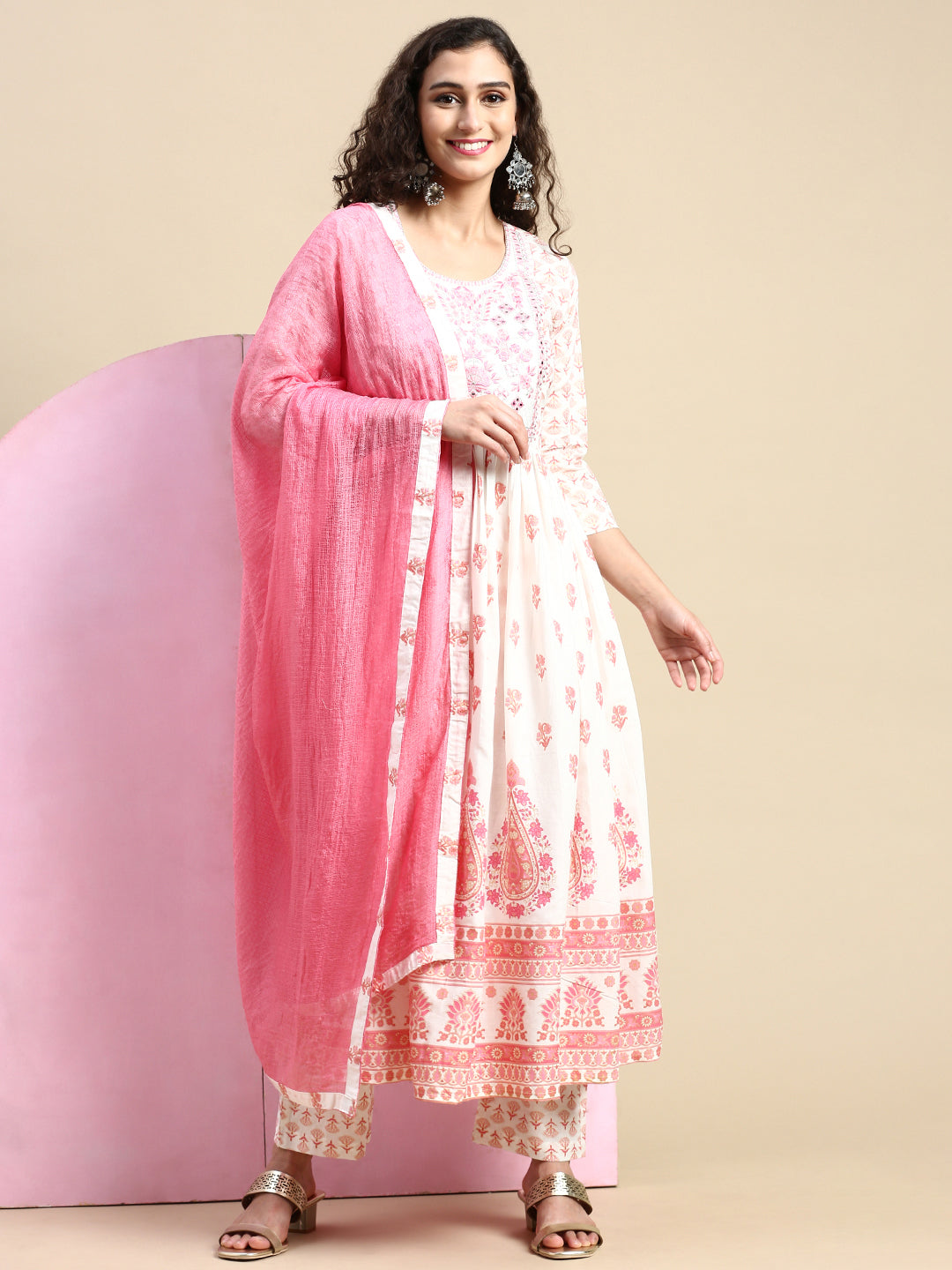 Womens White with Pink Printed & Embroidered Kurti Set PKS06