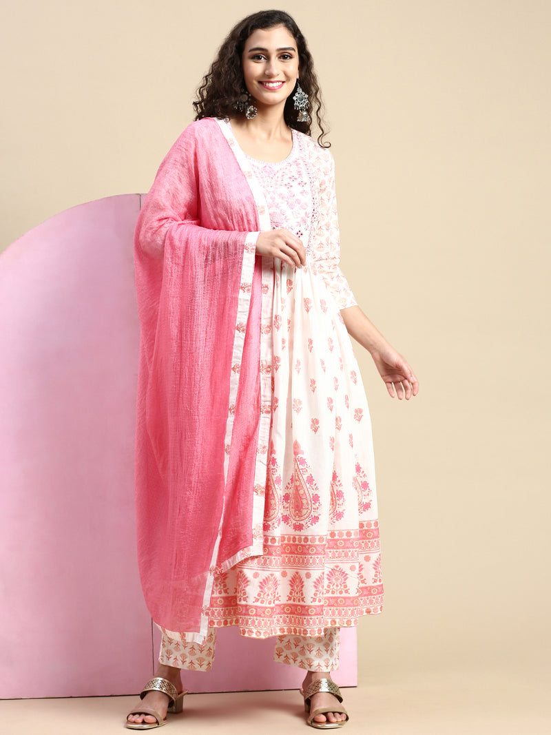 Womens White with Pink Printed & Embroidered Kurti Set PKS06