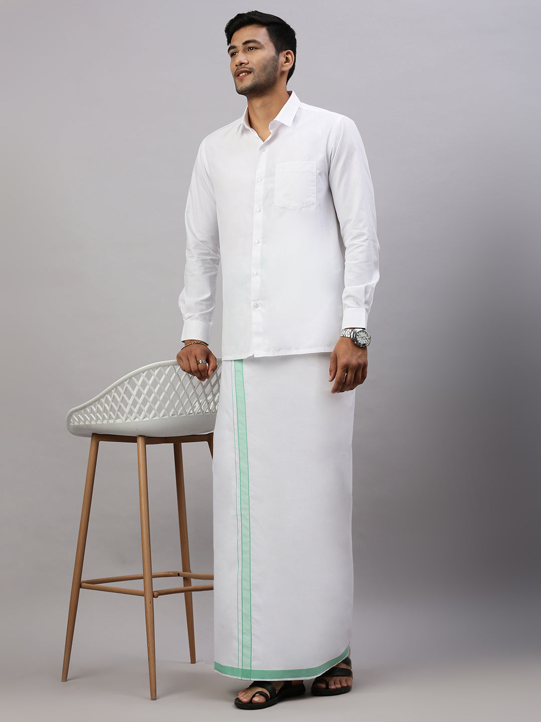 Mens Prestigious Look Cotton Single Dhoti with Green Fancy Border - Winner Plain