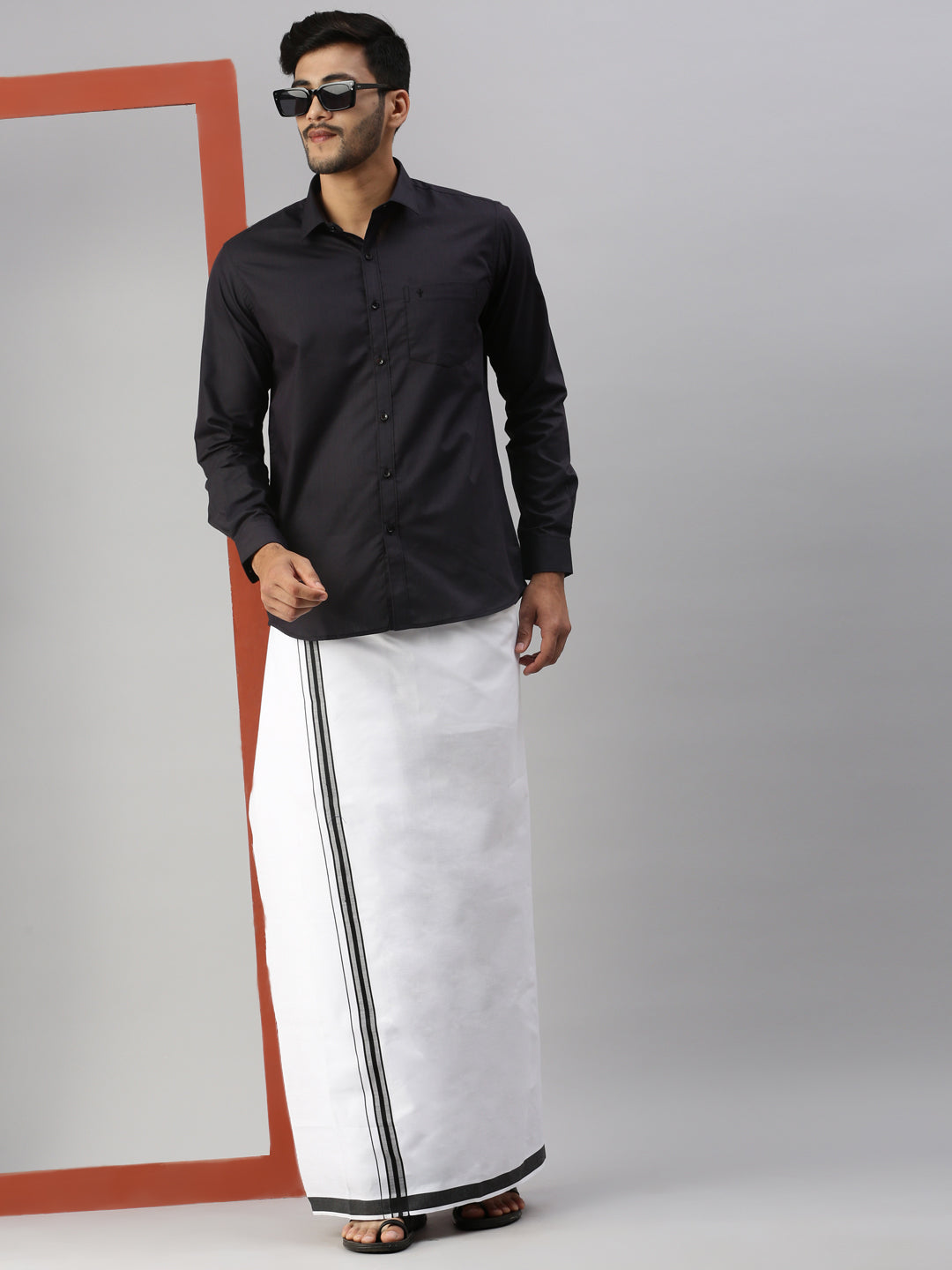 Mens Black Matching Border Dhoti & Full Sleeves Shirt Set Evolution IC10-Front view