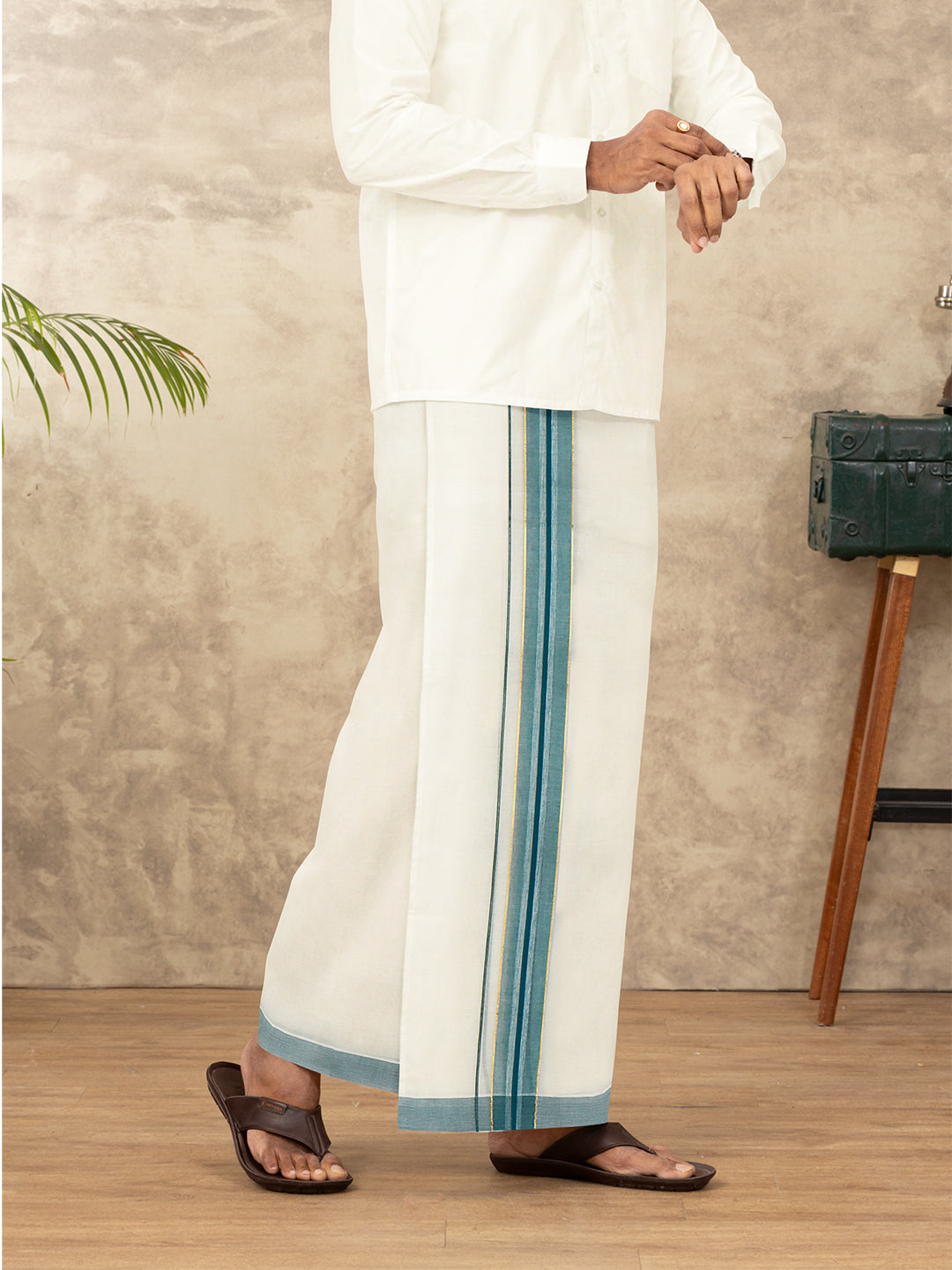 Men Kora Cotton Double Layer Dhoti with Green Fancy Jari Border EGJ19