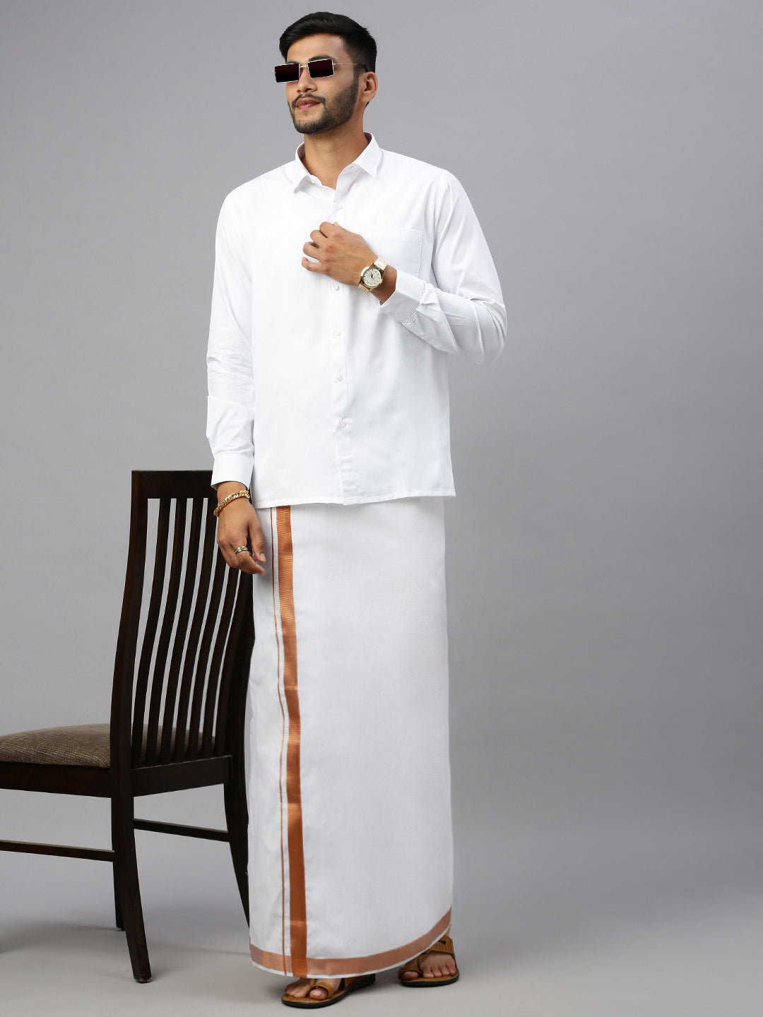 Men White 1'' Copper Jari Border Double Layer Dhoti with Ribhu